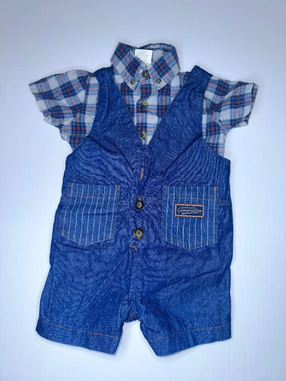 Vintage Baby Bonjour Lightweight Denim Romper & Plaid Shirt Overalls 12 mo.